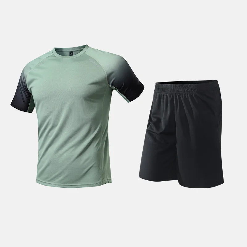 Roupas de Fitness em Tecido de Seda Gelada, Camiseta de Secagem Rápida para Homens, Conjunto de Camiseta de Manga Curta e Shorts para Treino Esportivo