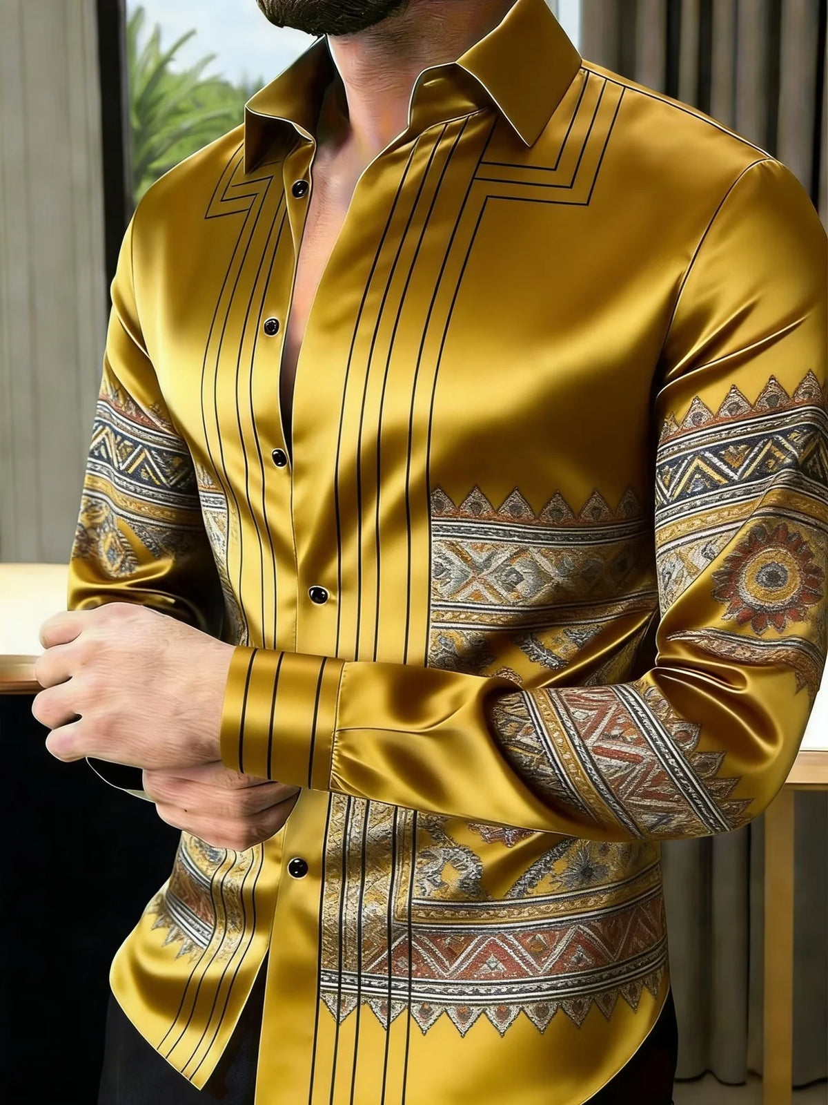 Camisa Casual de Cetim com Estampa Geométrica