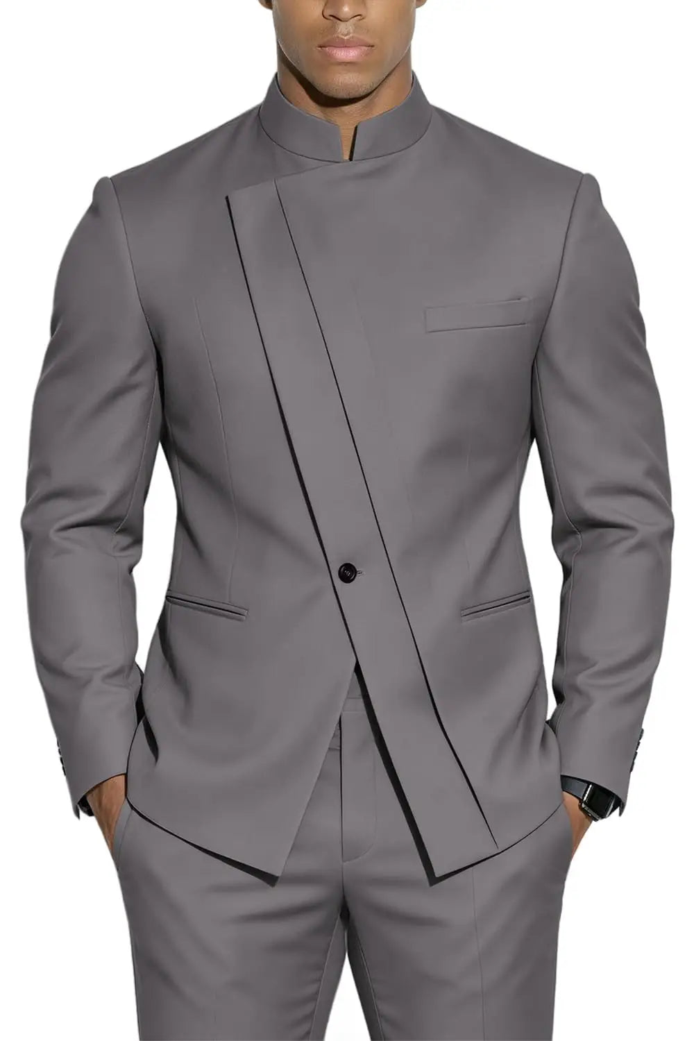 Terno com Gola Alta Estilo Chinês Slim-Fit