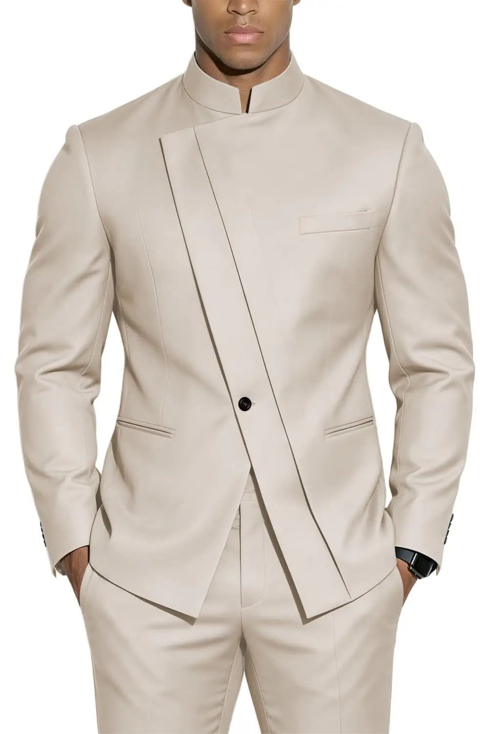Terno com Gola Alta Estilo Chinês Slim-Fit