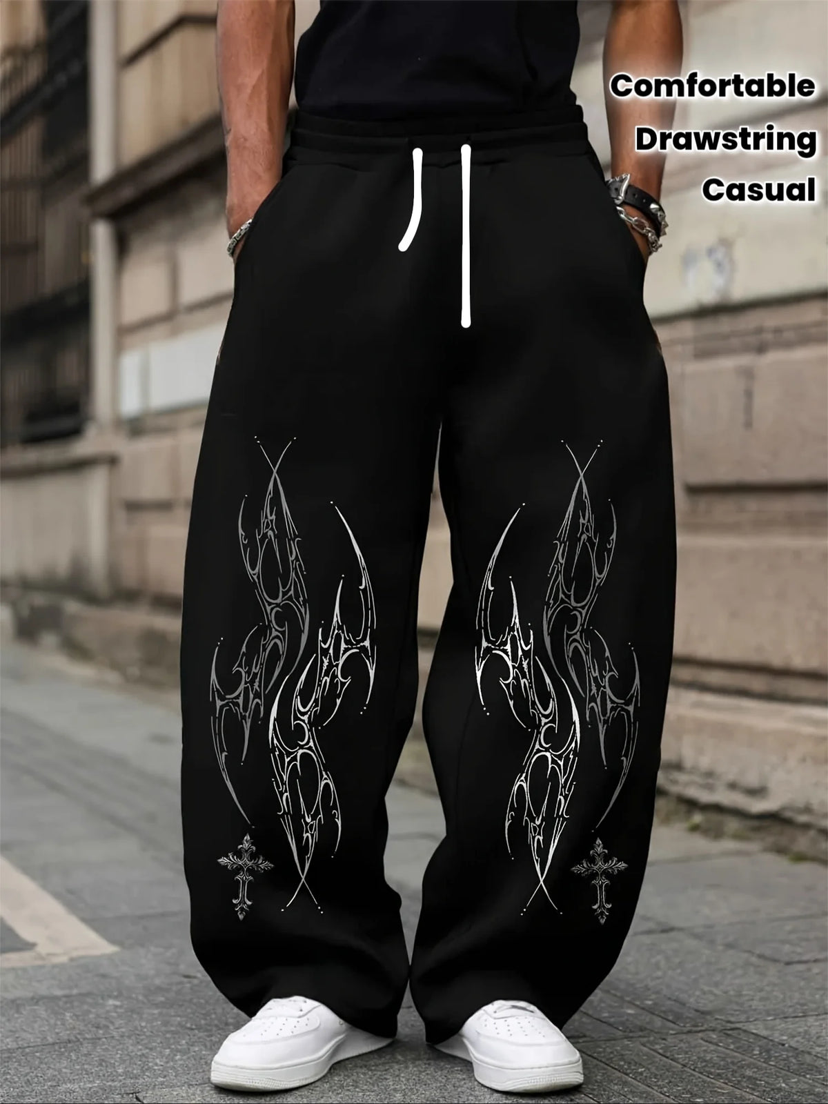 Calças de Moletom Masculinas Góticas com Estampa Vertical, Perna Larga, Cordão, Soltas, Retas, Baggy, Estilo Y2K, Dark Punk, Streetwear.