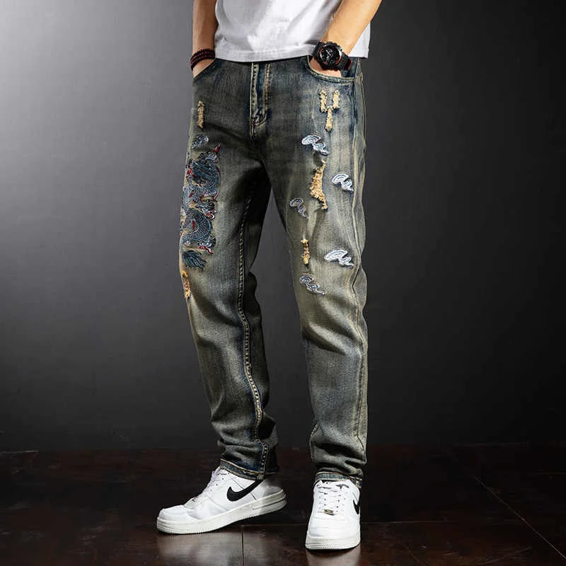 Calça Jeans Baggy Bordado Dragão Y2K