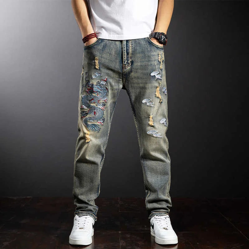 Calça Jeans Baggy Bordado Dragão Y2K