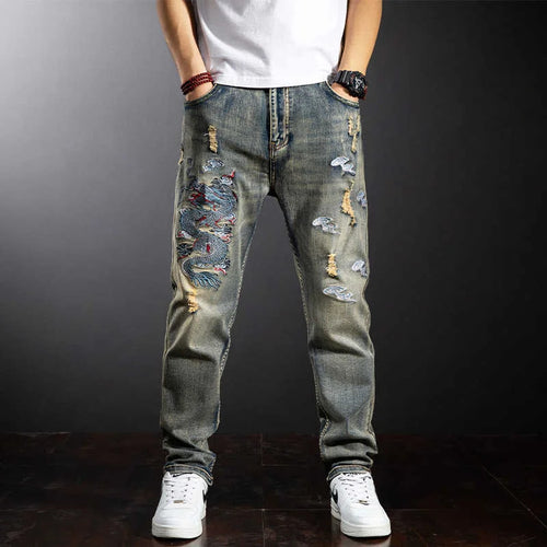Calça Jeans Baggy Bordado Dragão Y2K