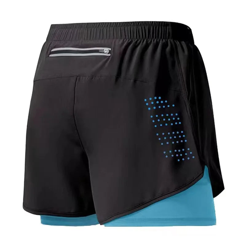 Calções de corrida masculinos de secagem rápida fitness preto dupla camada shorts masculino novo esporte treino treinamento musculação calças curtas