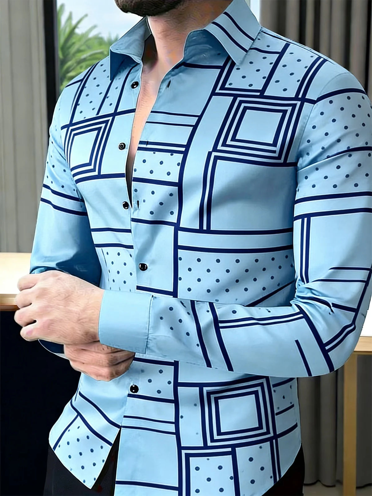 Camisa Casual de Cetim com Estampa Geométrica