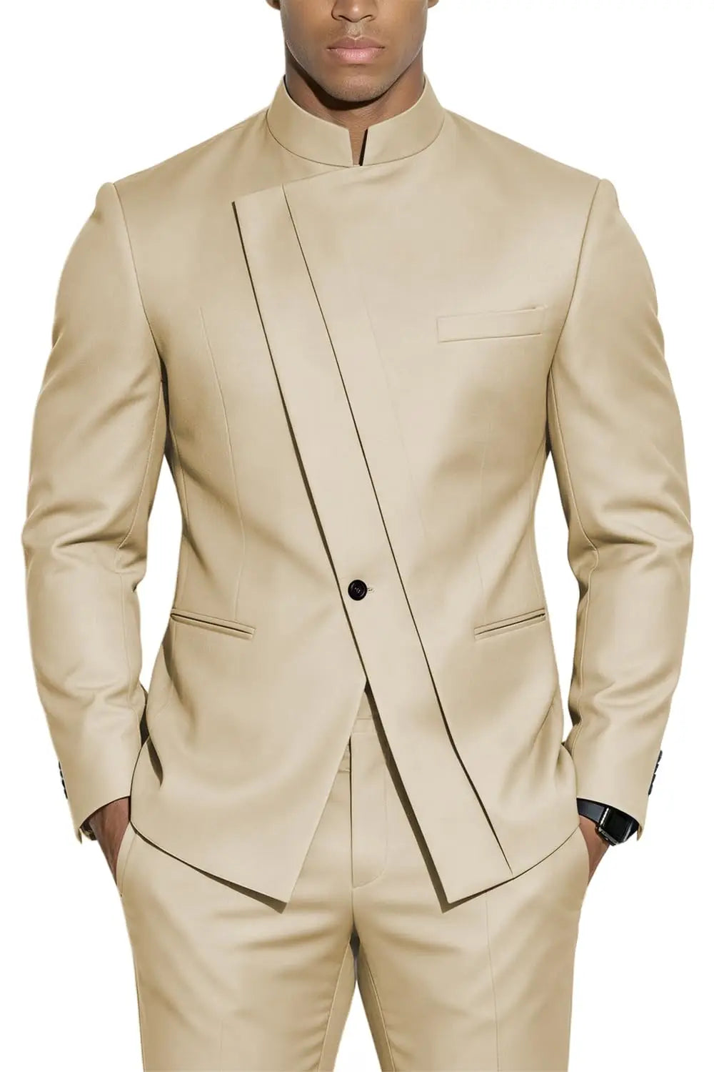 Terno com Gola Alta Estilo Chinês Slim-Fit