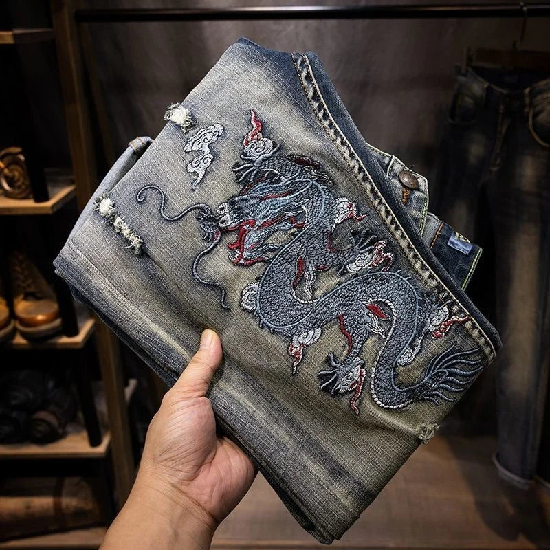 Calça Jeans Baggy Bordado Dragão Y2K