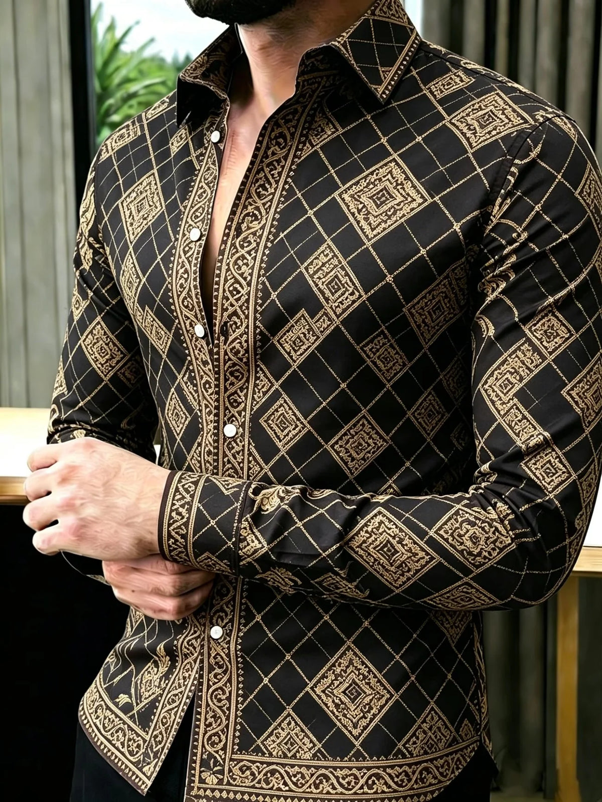 Camisa Casual de Cetim com Estampa Geométrica