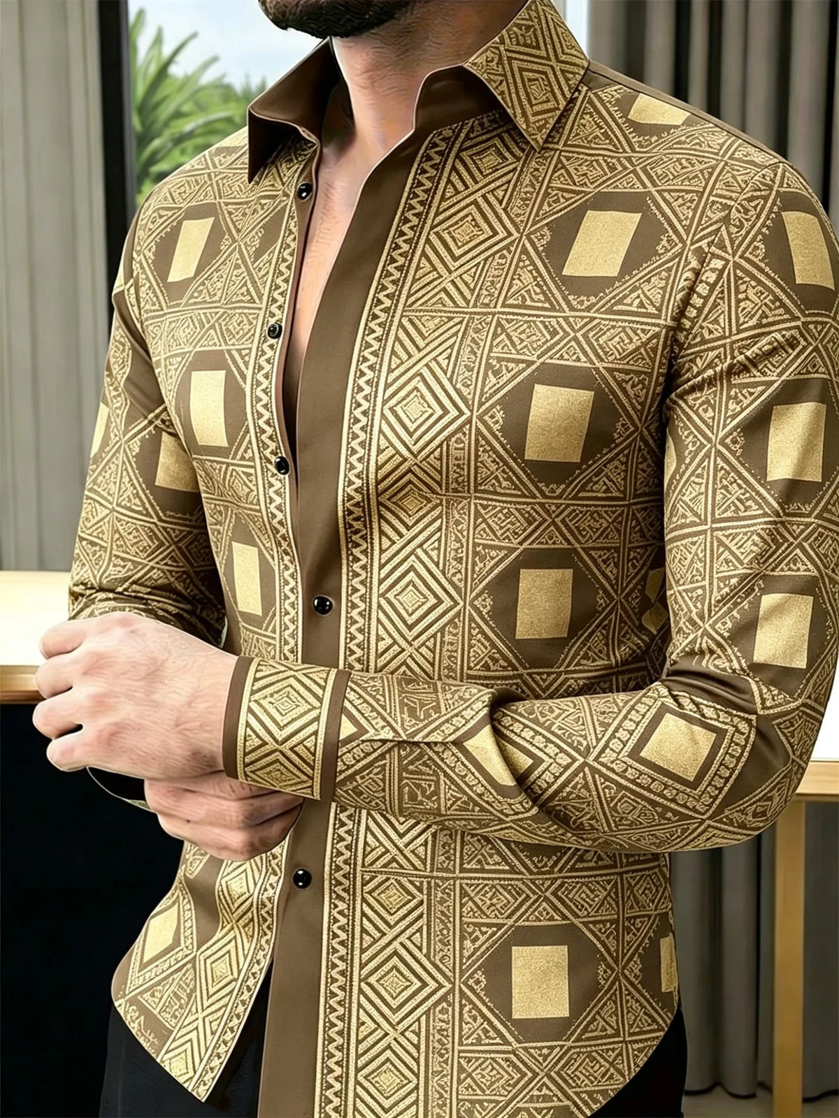 Camisa Casual de Cetim com Estampa Geométrica
