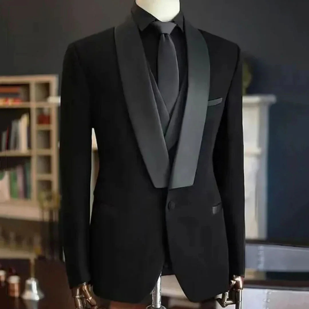 Terno masculino 3 peças preto com lapela brilhante
